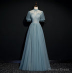 High Quality Beaded Short Sleeves Formal Dress, Tulle A-line Party Dress Prom Dress