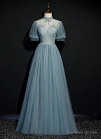 High Quality Beaded Short Sleeves Prom Dress, Tulle A Line Prom Dress