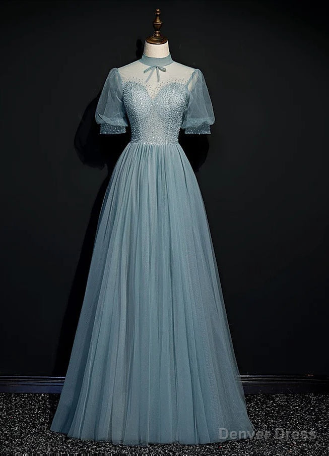 High Quality Beaded Short Sleeves Prom Dress, Tulle A Line Prom Dress