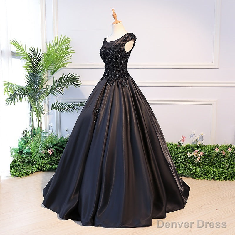 High Quality Black Satin Long Party Dress, Black Evening Gown Main image