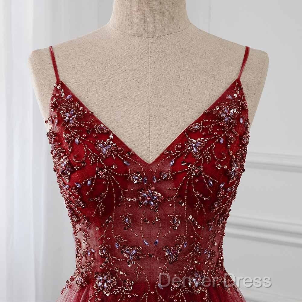 High Quality Burgundy Straps Beaded Long Party Dresses, Long Junior Prom Dresses Secondary image
