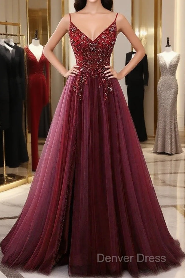 High Quality Burgundy Straps Beaded Long Party Dresses, Long Junior Prom Dresses Main image