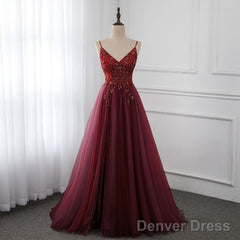 High Quality Burgundy Straps Beaded Long Party Dress, Long Junior Prom Dress