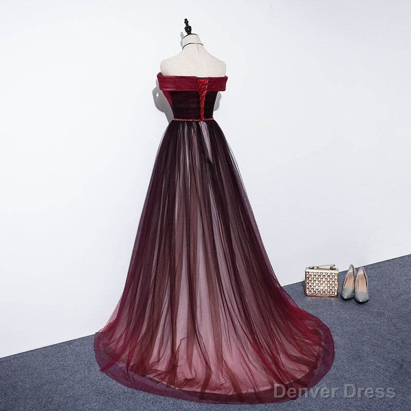 High Quality Gradient Dark Red Sweetheart Long Prom Dress, Tulle Prom Dresses Main image