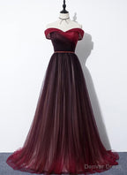 High Quality Gradient Dark Red Sweetheart Long Prom Dress, Tulle Prom Dresses