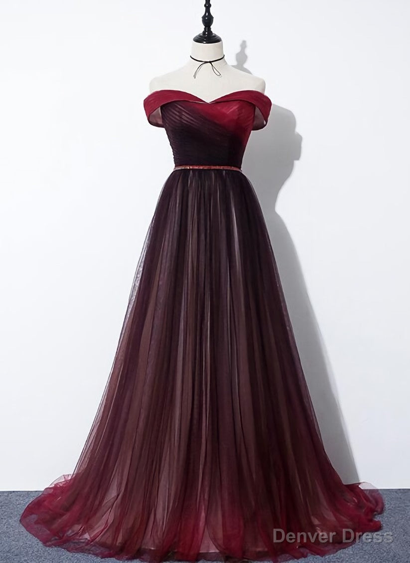 High Quality Gradient Dark Red Sweetheart Long Prom Dress, Tulle Prom Dresses