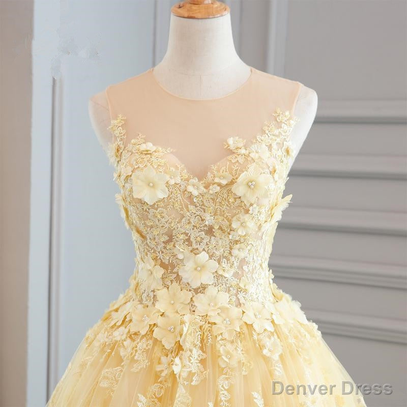 High Quality Lace Yellow Long Party Gown, A-line Evening Dress Secondary image