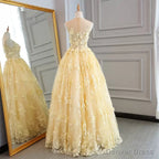 High Quality Lace Yellow Long Party Gown, A-line Evening Dress