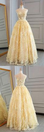 High Quality Lace Yellow Long Prom Gowns, A Line Prom Dresses