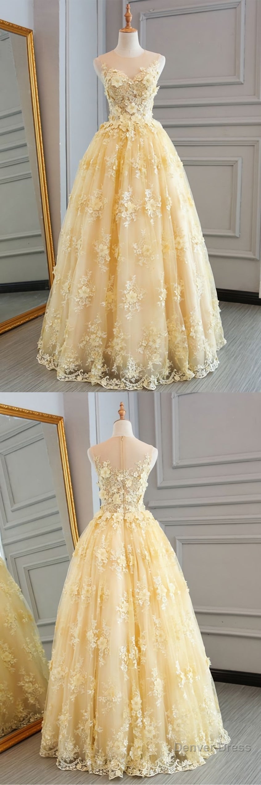 High Quality Lace Yellow Long Prom Gowns, A Line Prom Dresses