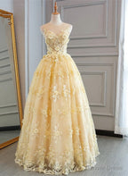 High Quality Lace Yellow Long Prom Gowns, A Line Prom Dresses
