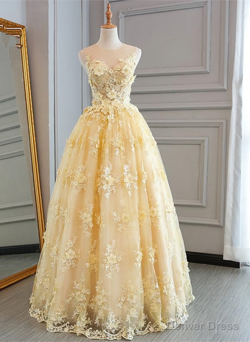 High Quality Lace Yellow Long Prom Gowns, A Line Prom Dresses