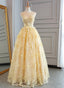 High Quality Lace Yellow Long Prom Gowns, A Line Prom Dresses