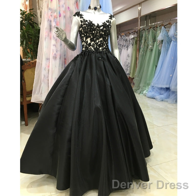 High Quality Satin With Lace Applique Round Neckline Formal Gown, Black Party Dresses Prom Dress Secondary image