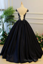 High Quality Satin With Lace Applique Round Neckline Prom Gowns, Black Prom Dress