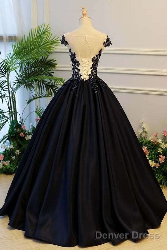 High Quality Satin With Lace Applique Round Neckline Prom Gowns, Black Prom Dress