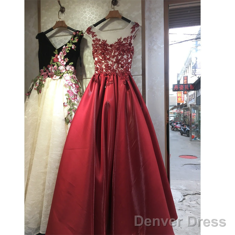High Quality Satin With Lace Applique Round Neckline Prom Gowns, Black Prom Dress