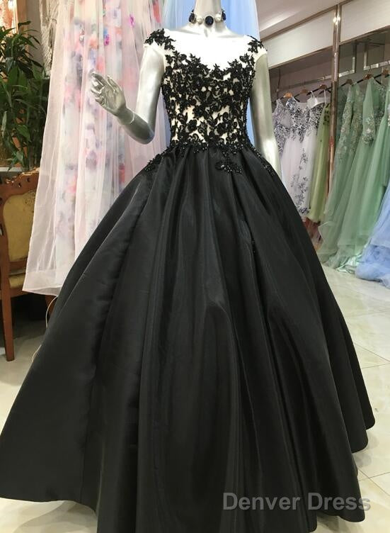 High Quality Satin With Lace Applique Round Neckline Formal Gown, Black Party Dresses Prom Dress Main image