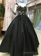 High Quality Satin With Lace Applique Round Neckline Formal Gown, Black Party Dresses Prom Dress