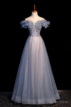 High Quality Tulle Long Prom Dress with Beaded, A Line Prom Dresses