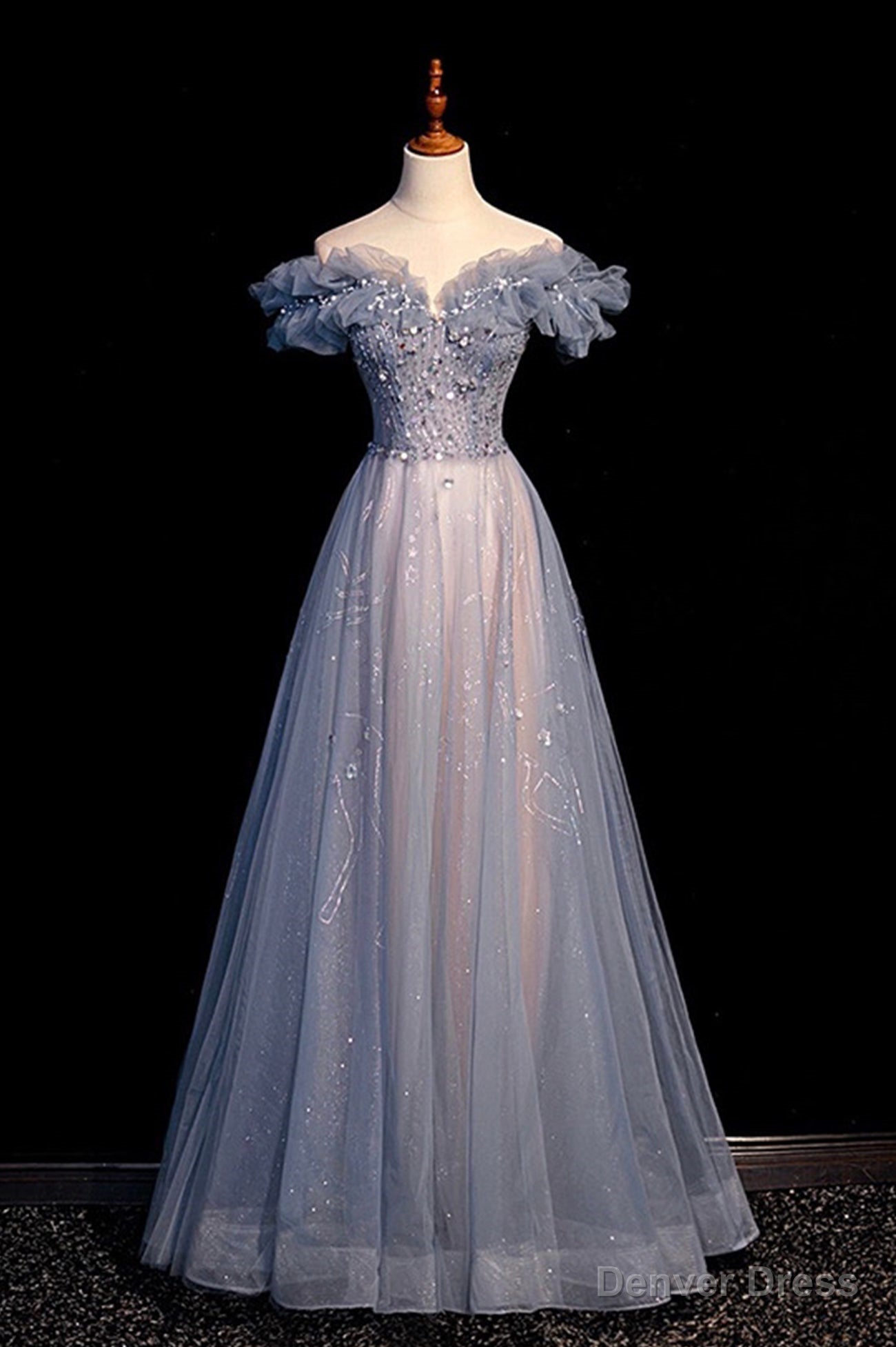 High Quality Tulle Long Prom Dress with Beaded, A Line Prom Dresses