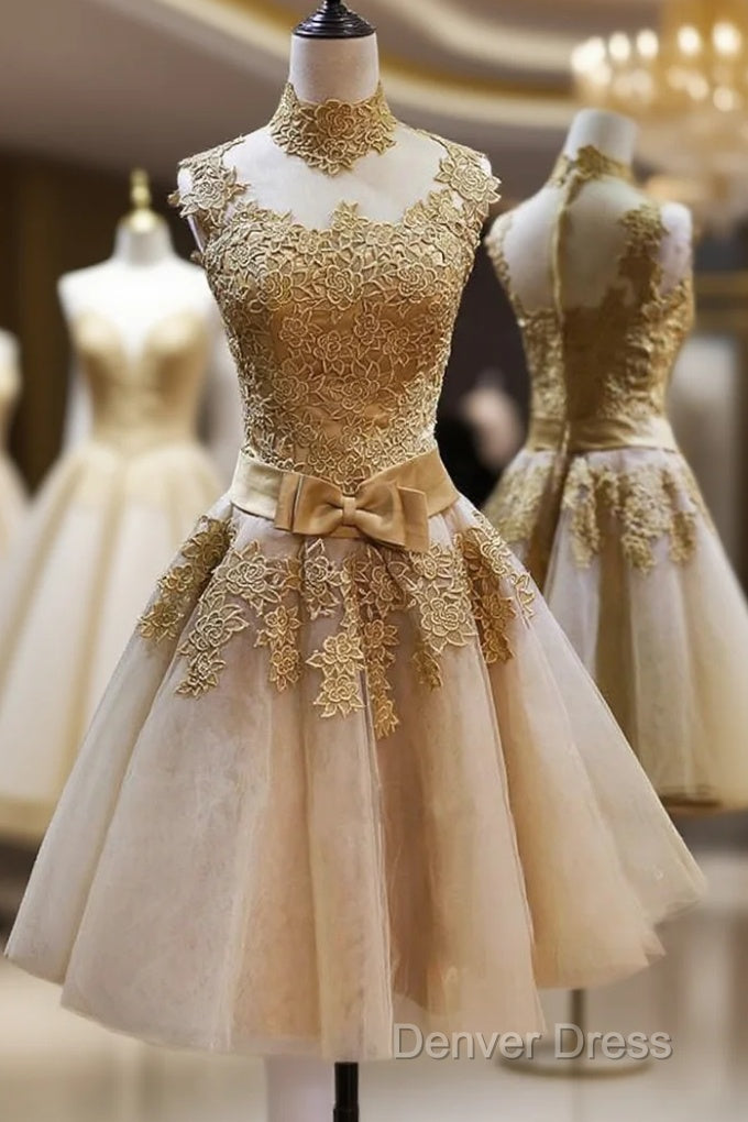 High Quality Vintage High Neck Bowknot Lace Homecoming Dresses Main image