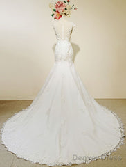 High Qulity Lace Mermaid Wedding Dress Illusion Chaple Train Ivory Beading Bridal Gown