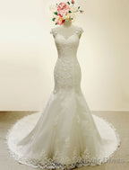 High Qulity Lace Mermaid Wedding Dresses Illusion Chaple Train Ivory Beading Bridal Gowns