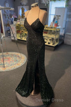 High Slit Blue Sequins Straps Mermaid Prom Gowns,Ball Gown Prom Dresses