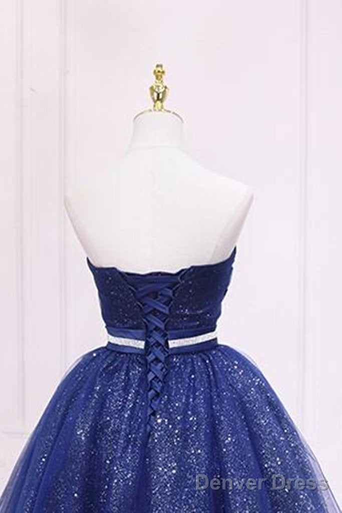 Homecoming Dress With Belt, Sparkly Blue Prom Dresses