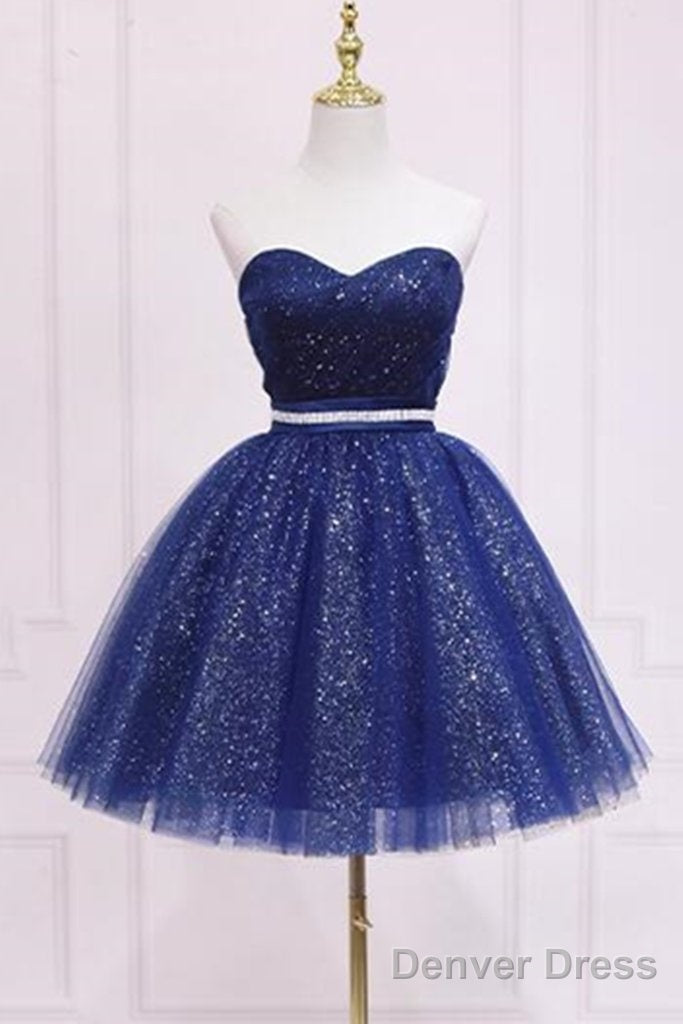 Homecoming Dress With Belt, Sparkly Blue Prom Dresses Main image