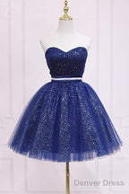 Homecoming Dress With Belt, Sparkly Blue Prom Dresses