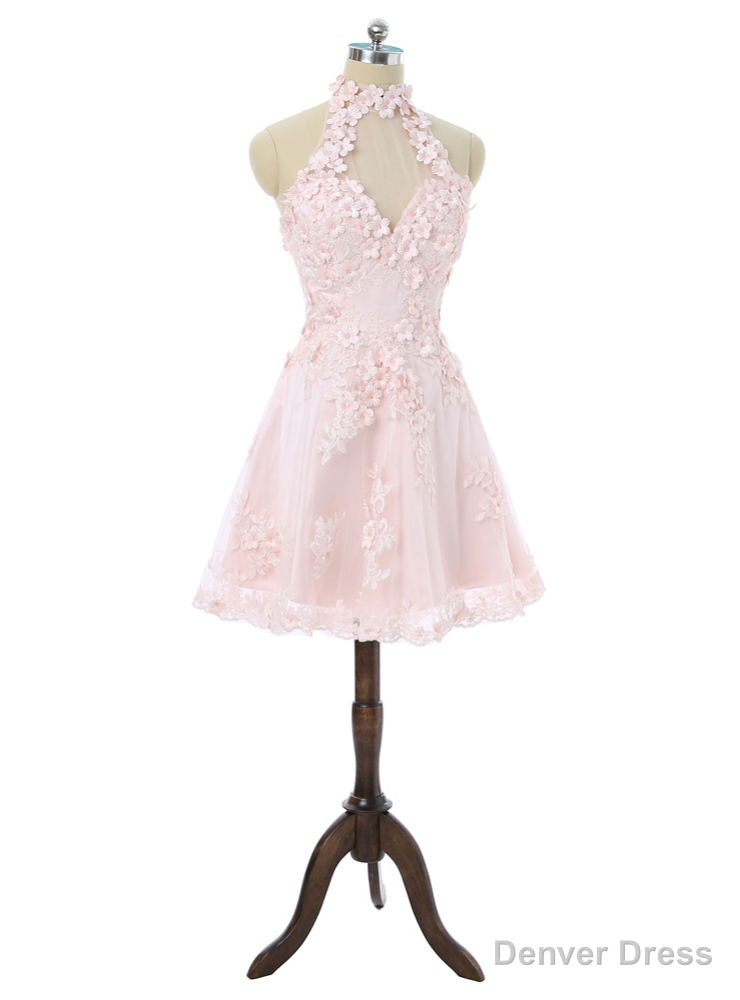 Homecoming Dresses A Line Halter Knee Length Flowers Appliques
