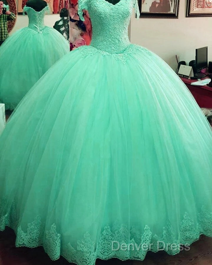 Hot Ball Gowns Lace Quinceanera Dress Tulle Appliques Off Shoulder Prom Dresses