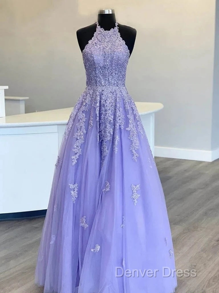 Hot  Halter Purple Prom Dresses Lace Long Graduation Evening Dresses Secondary image