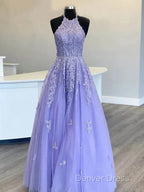 Hot  Halter Purple Prom Dresses Lace Long Graduation Evening Dresses