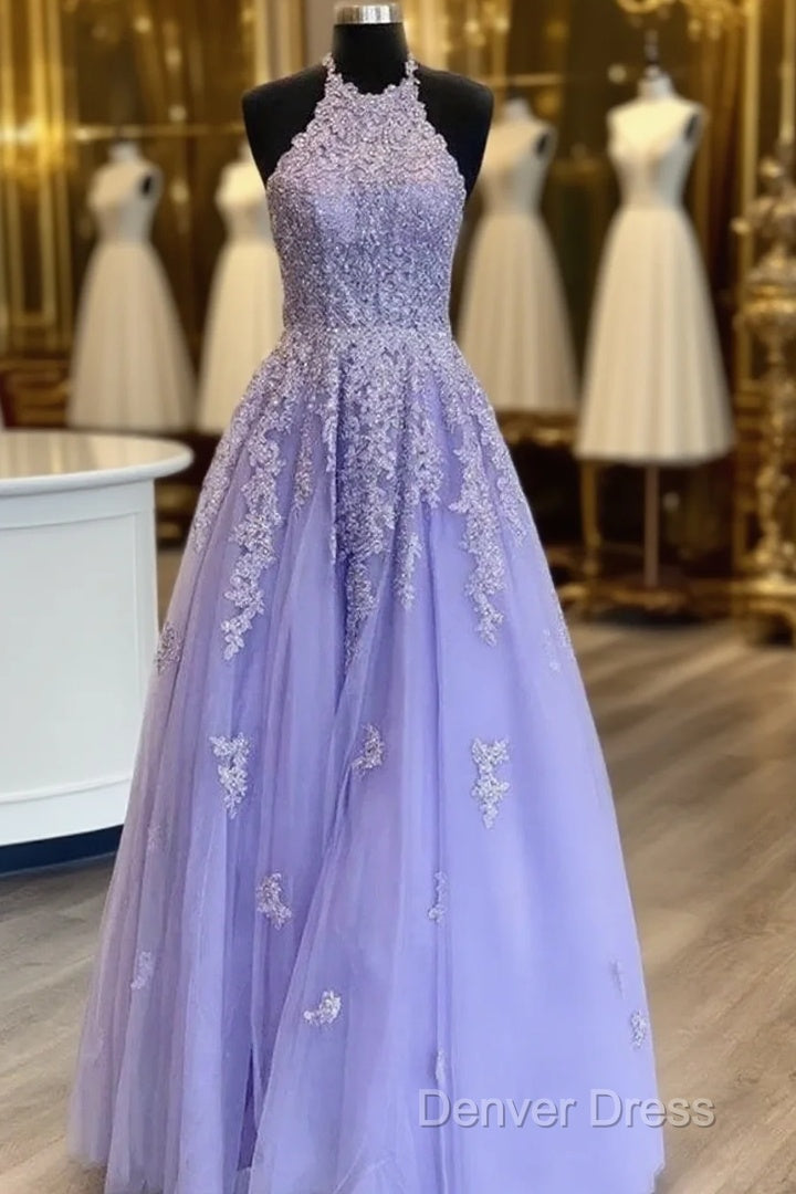 Hot  Halter Purple Prom Dresses Lace Long Graduation Evening Dresses Main image