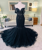 Hot Mermaid Lace Gothic Wedding Dresses Black Applique Off Shoulder