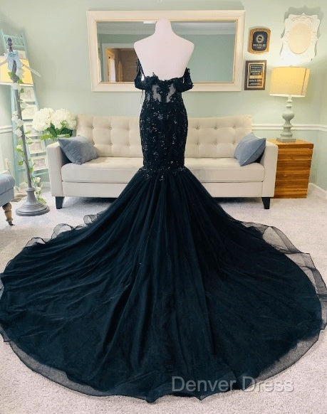 Hot Mermaid Lace Gothic Wedding Dresses Black Applique Off Shoulder