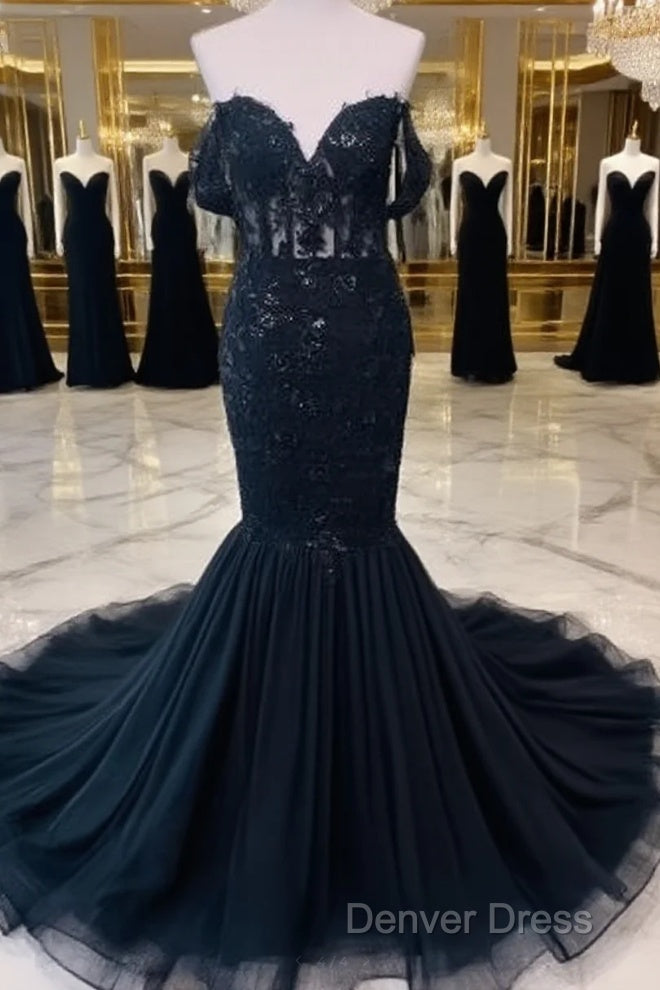 Hot Mermaid Lace Gothic Wedding Dresses Black Applique Off Shoulder Main image