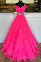 Hot Pink Beaded Cold-Shoulder A-Line Prom Dresses