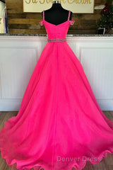 Hot Pink Beaded Cold-Shoulder A-Line Prom Dresses