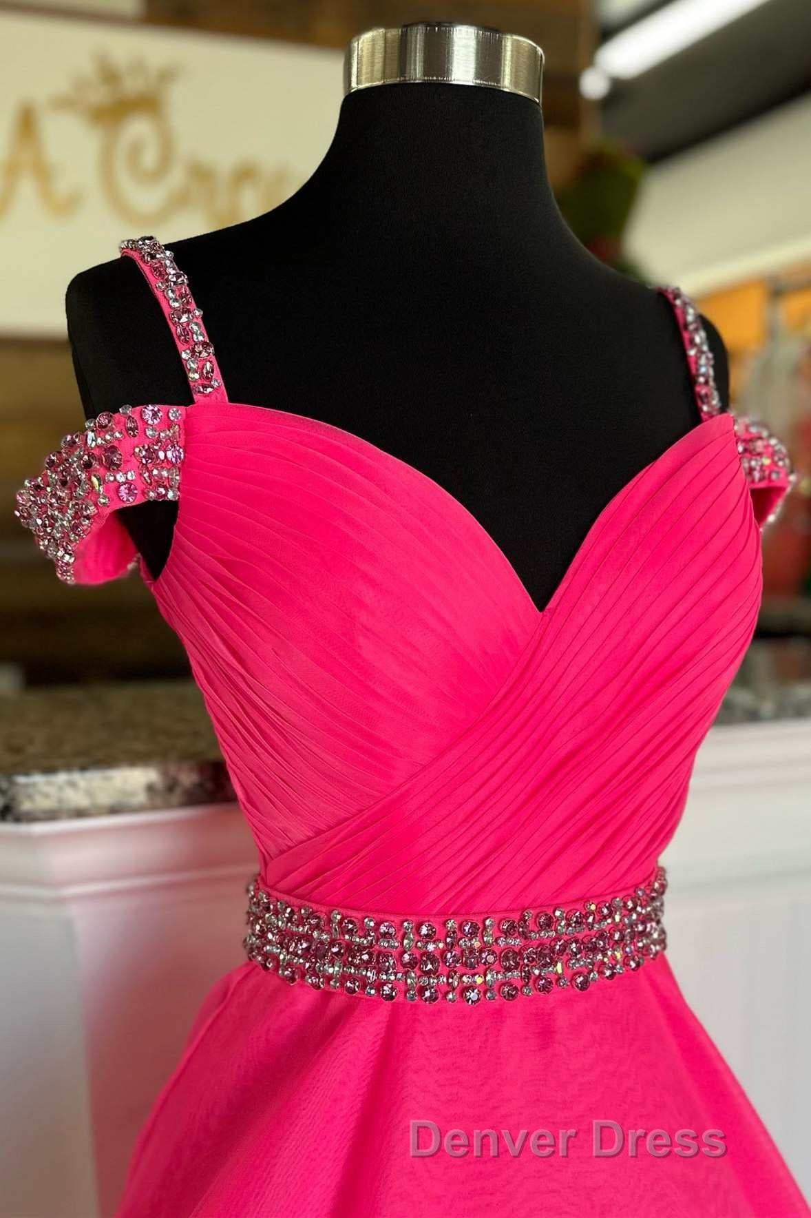 Hot Pink Beaded Cold-Shoulder A-Line Prom Dresses