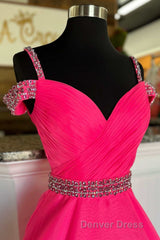 Hot Pink Beaded Cold-Shoulder A-Line Prom Dresses