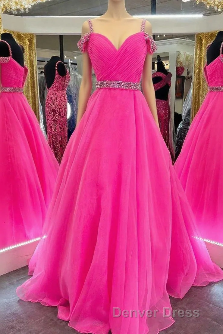 Hot Pink Beaded Cold-Shoulder A-Line Prom Dresses Main image