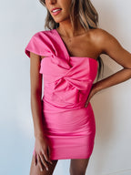 Hot Pink Bowknot Satin Homecoming Dress One Shoulder Cocktail Dresses