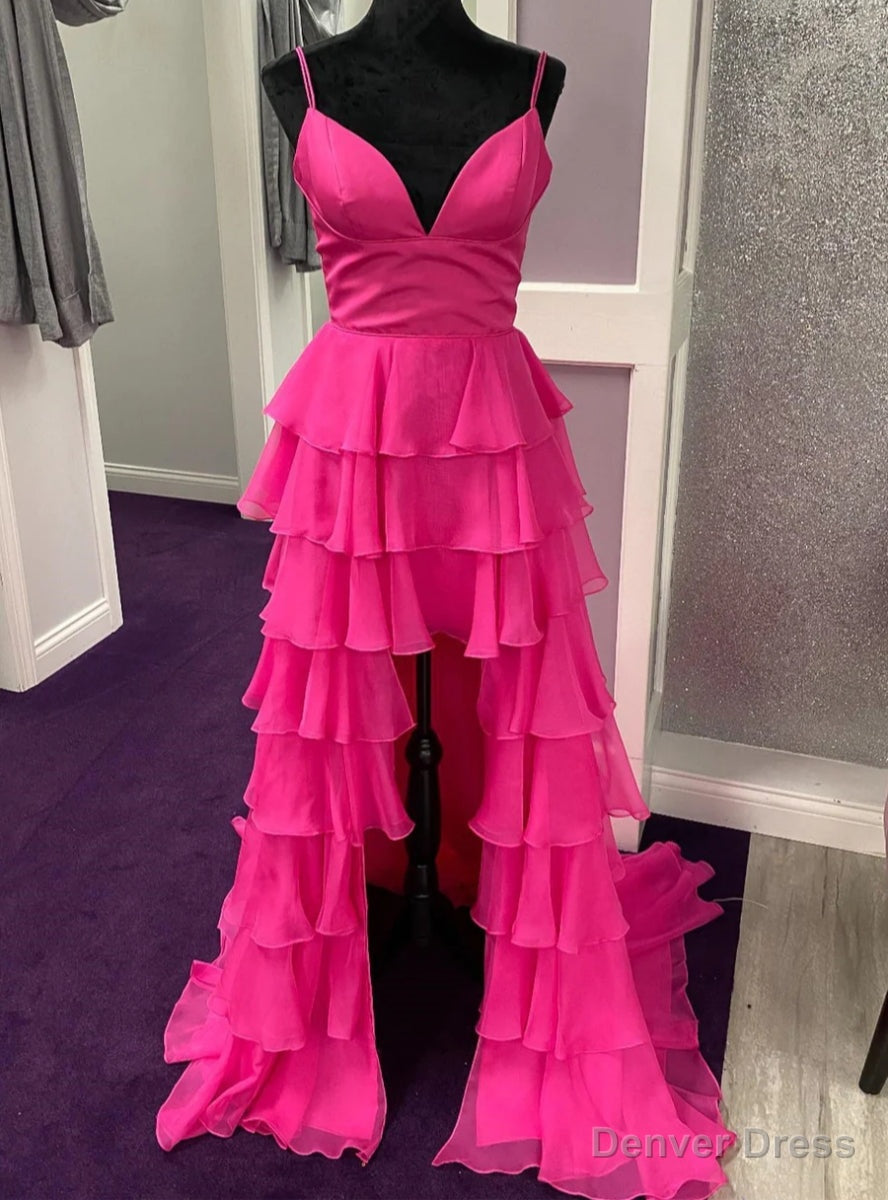 Hot Pink Chiffon Spaghetti Straps Prom Dresses