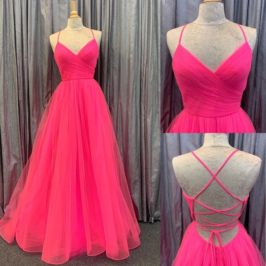 Hot Pink V-Neck Lace-Up Back Pleated A-Line Tulle Empire-Waist Long Prom Dresses