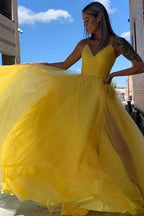 Hot Pink V-Neck Lace-Up Back Pleated A-Line Tulle Empire-Waist Long Prom Dresses