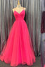 Hot Pink V-Neck Lace-Up Back Pleated A-Line Tulle Empire-Waist Long Prom Dresses